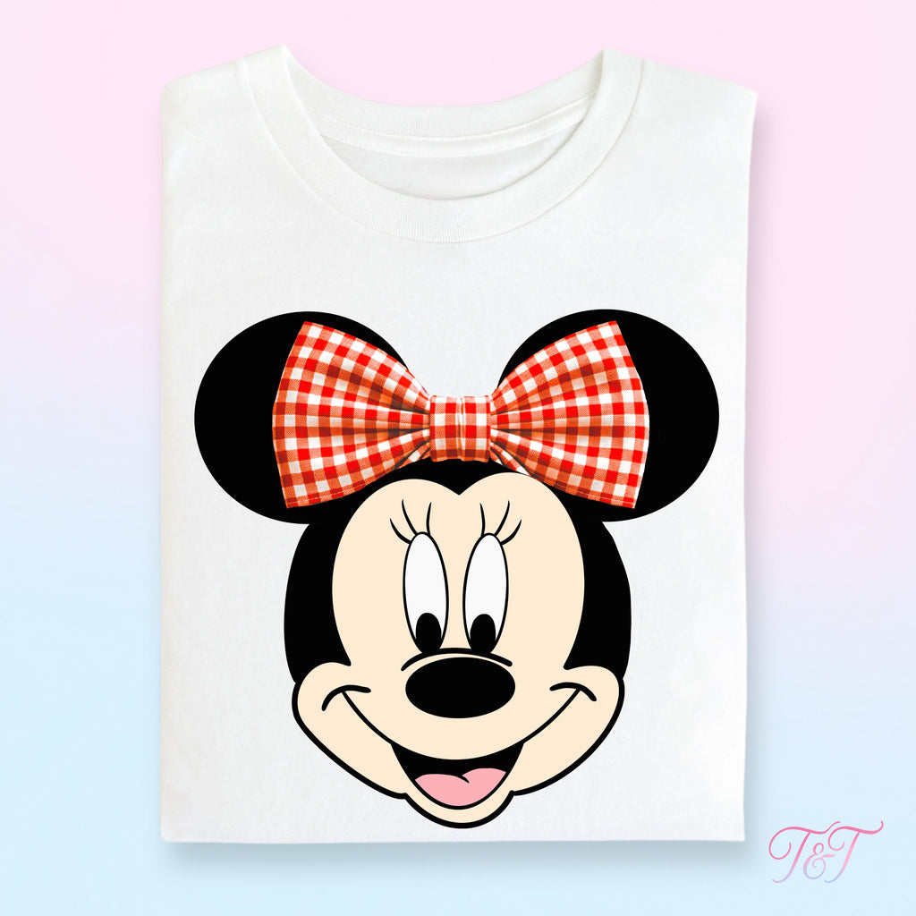Red Gingham Bow Girl Mouse Head T-Shirt