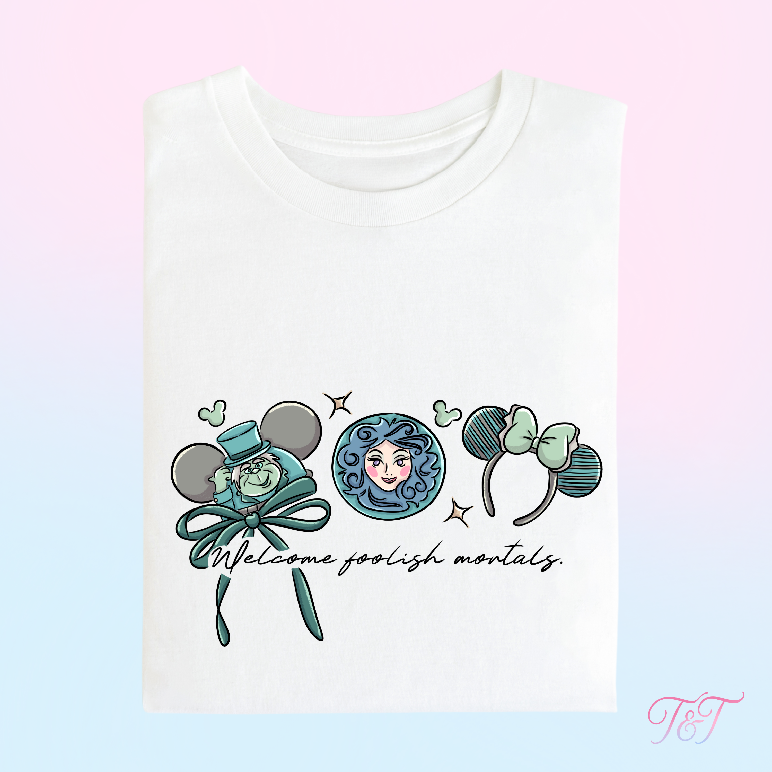 Haunted “Welcome Foolish Mortals" Character Hat Ear Design T-Shirt