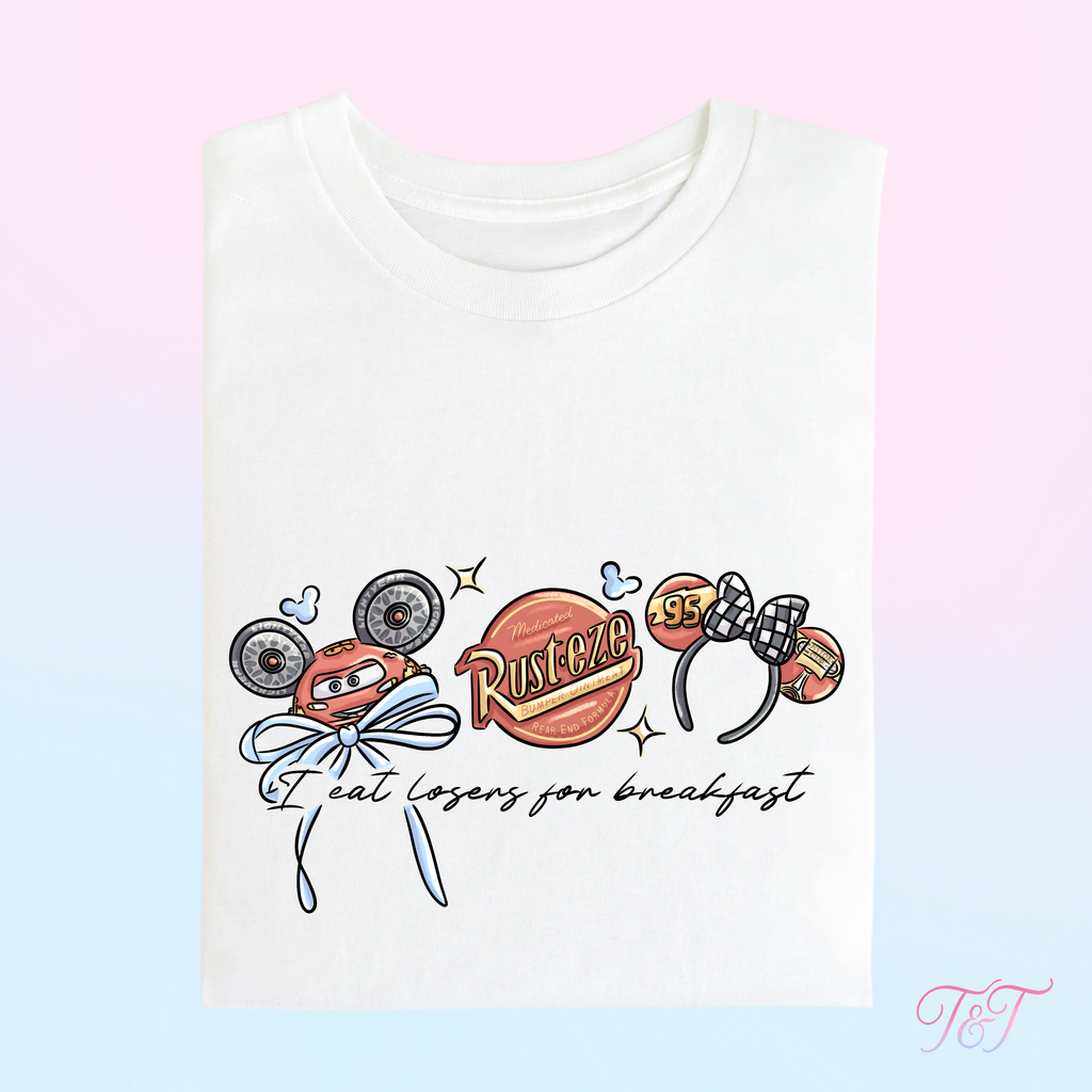 Cars “I Eat Losers For Breakfast” Racing Ear Design T-Shirt | Theme Park Outfit Top