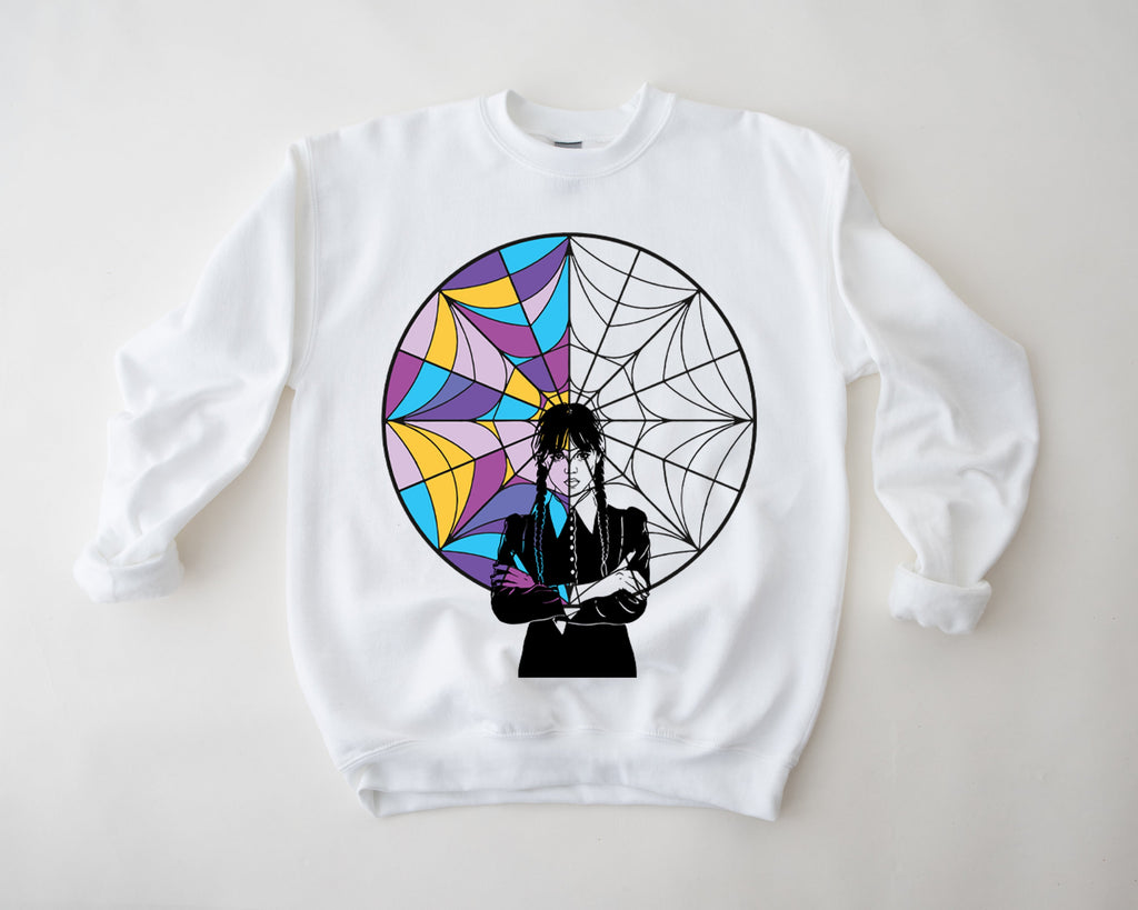 Wednesday Goth Stained Glass Sweatshirt | Spooky Park Day Top