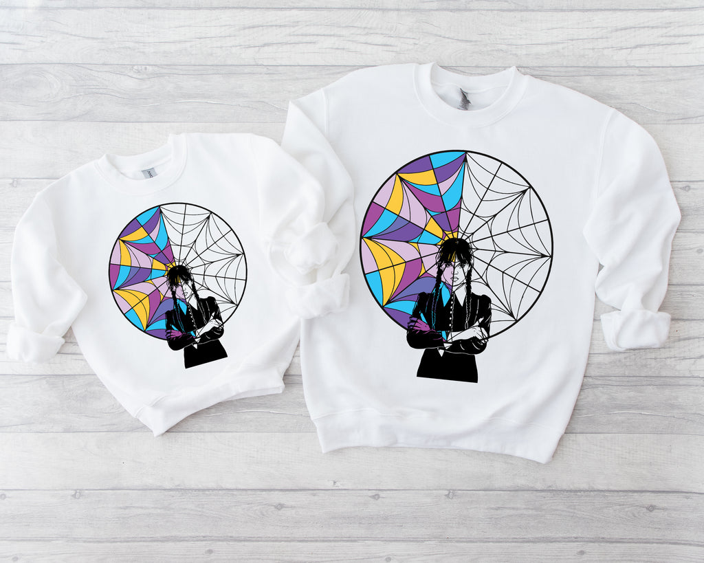 Wednesday Goth Stained Glass Sweatshirt | Spooky Park Day Top