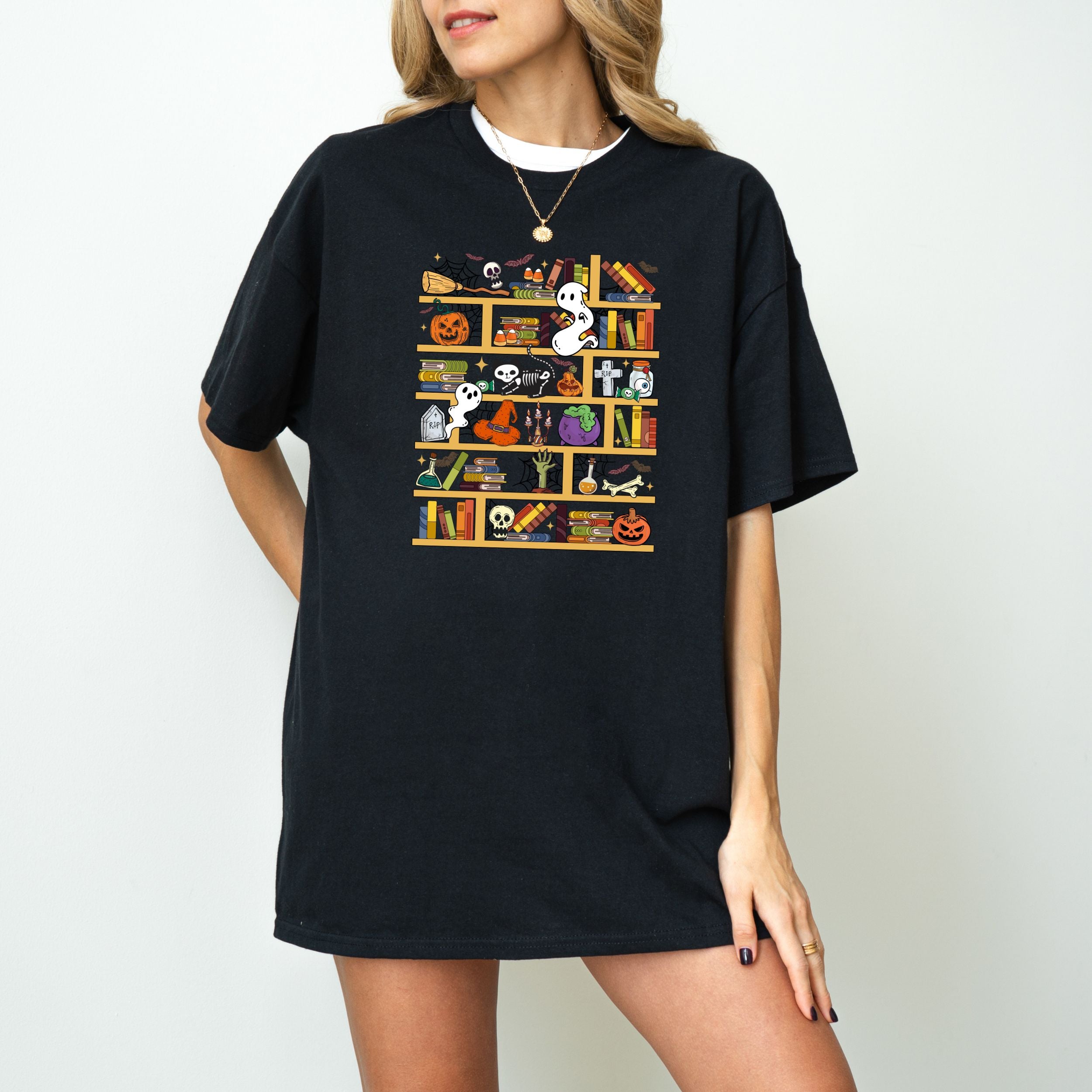 Spooky Bookshelf T-Shirt | Adult Black Halloween Tee