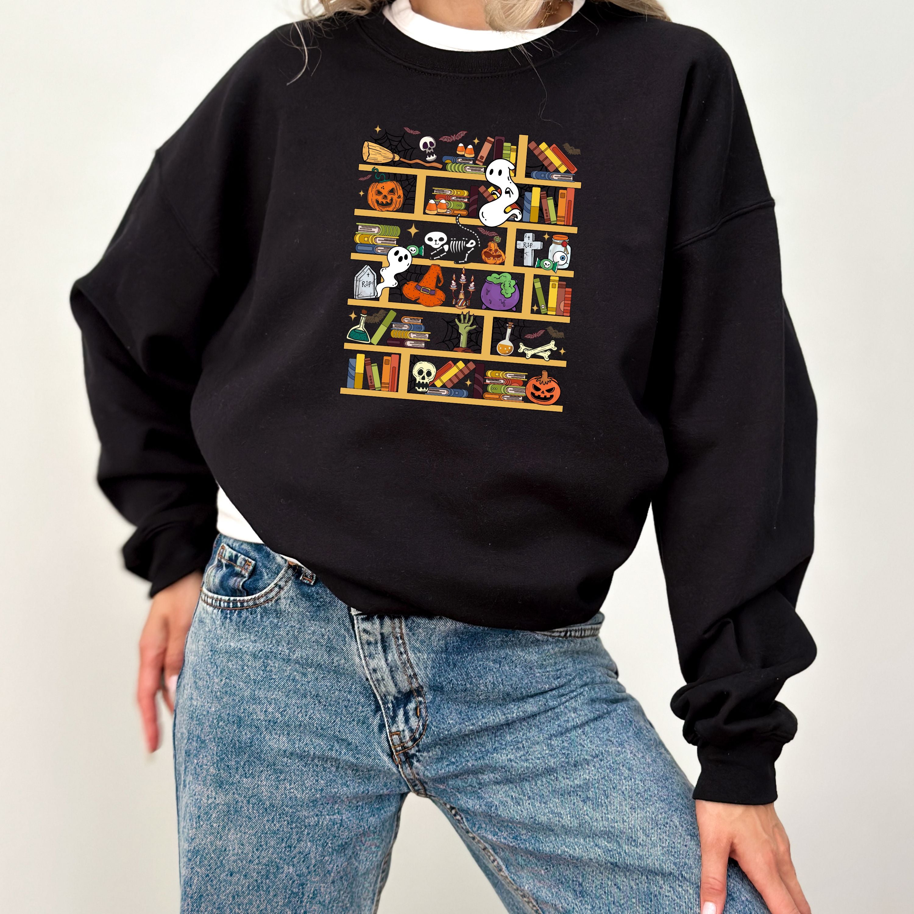 Spooky Bookshelf Sweatshirt | Adult Black Halloween