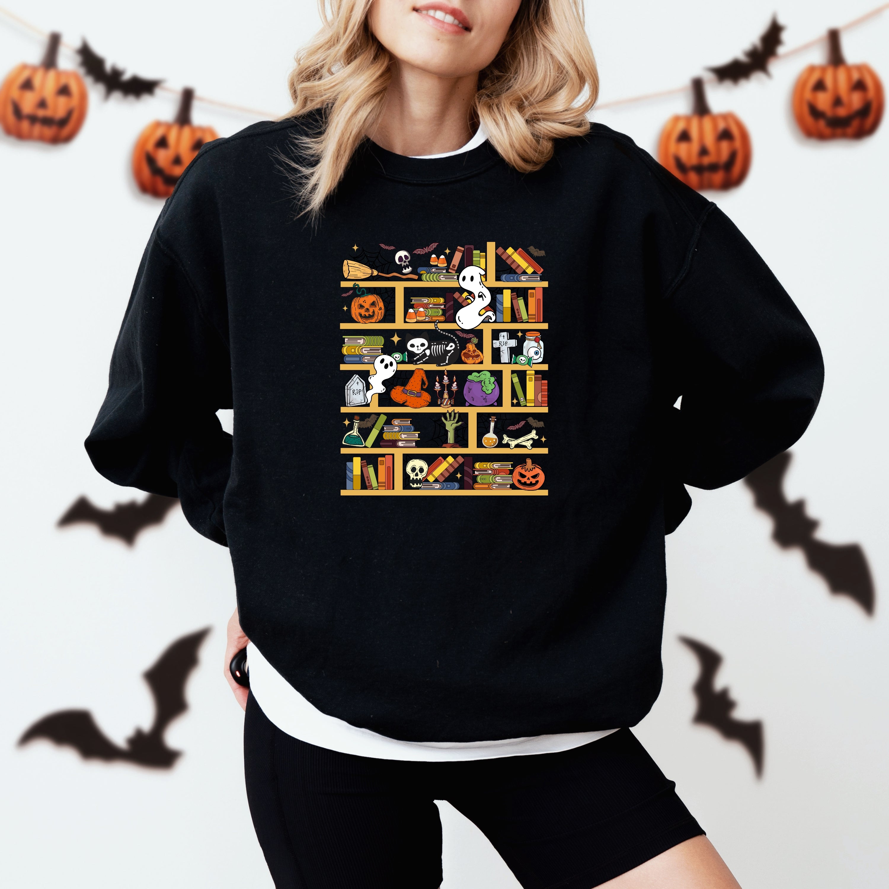 Spooky Bookshelf Sweatshirt | Adult Black Halloween