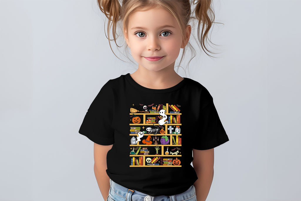 Spooky Bookshelf Kids T-Shirt | Halloween Print