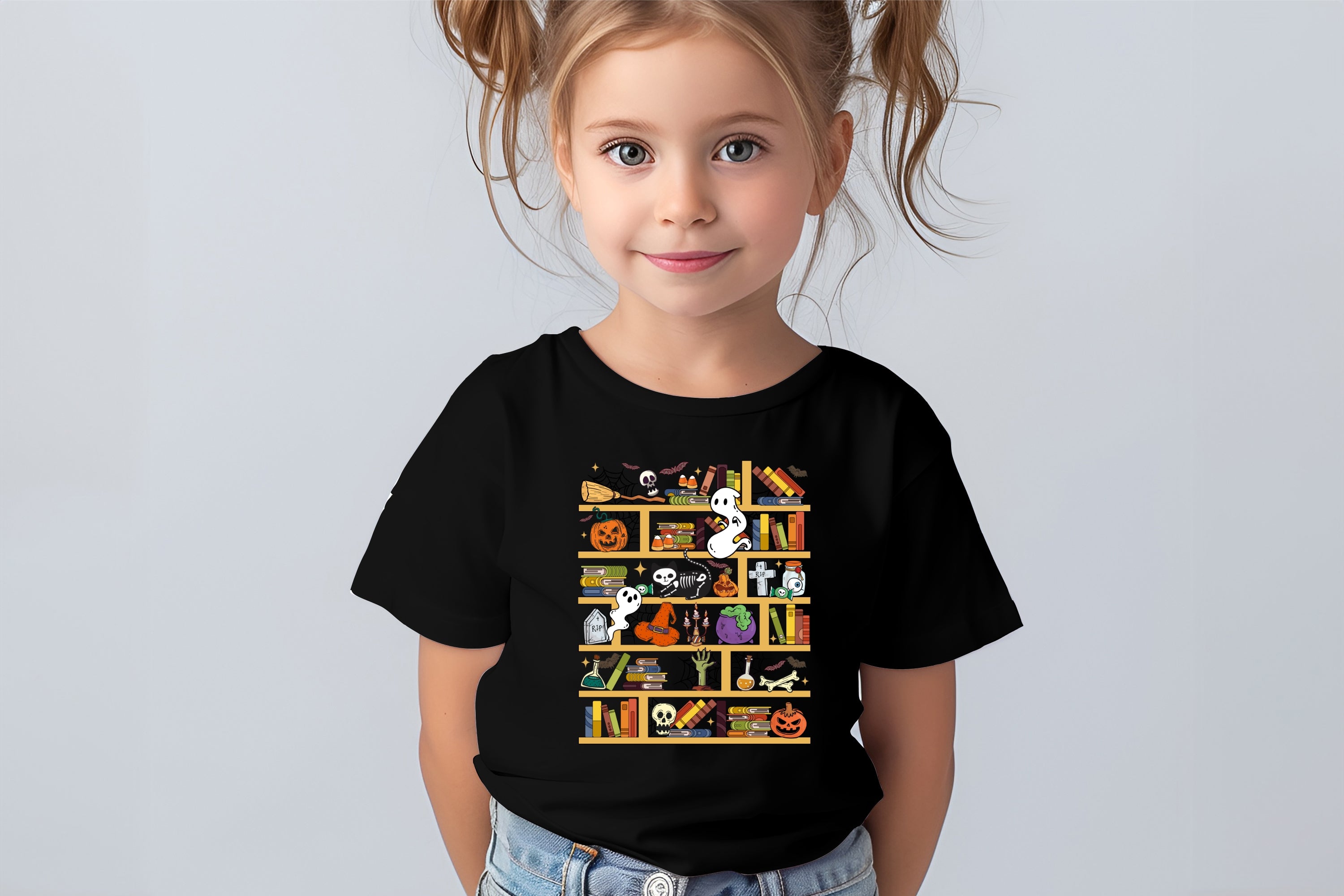 Spooky Bookshelf Kids T-Shirt | Halloween Print