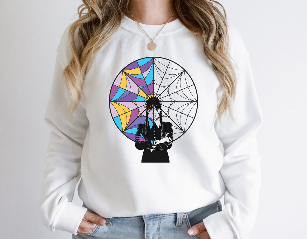 Wednesday Goth Stained Glass Sweatshirt | Spooky Park Day Top